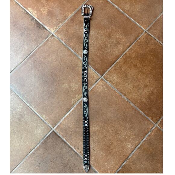 Nacona Black Calfskin Western Big Buckle Bling Belt w Rhinestones size M - Picture 9 of 13